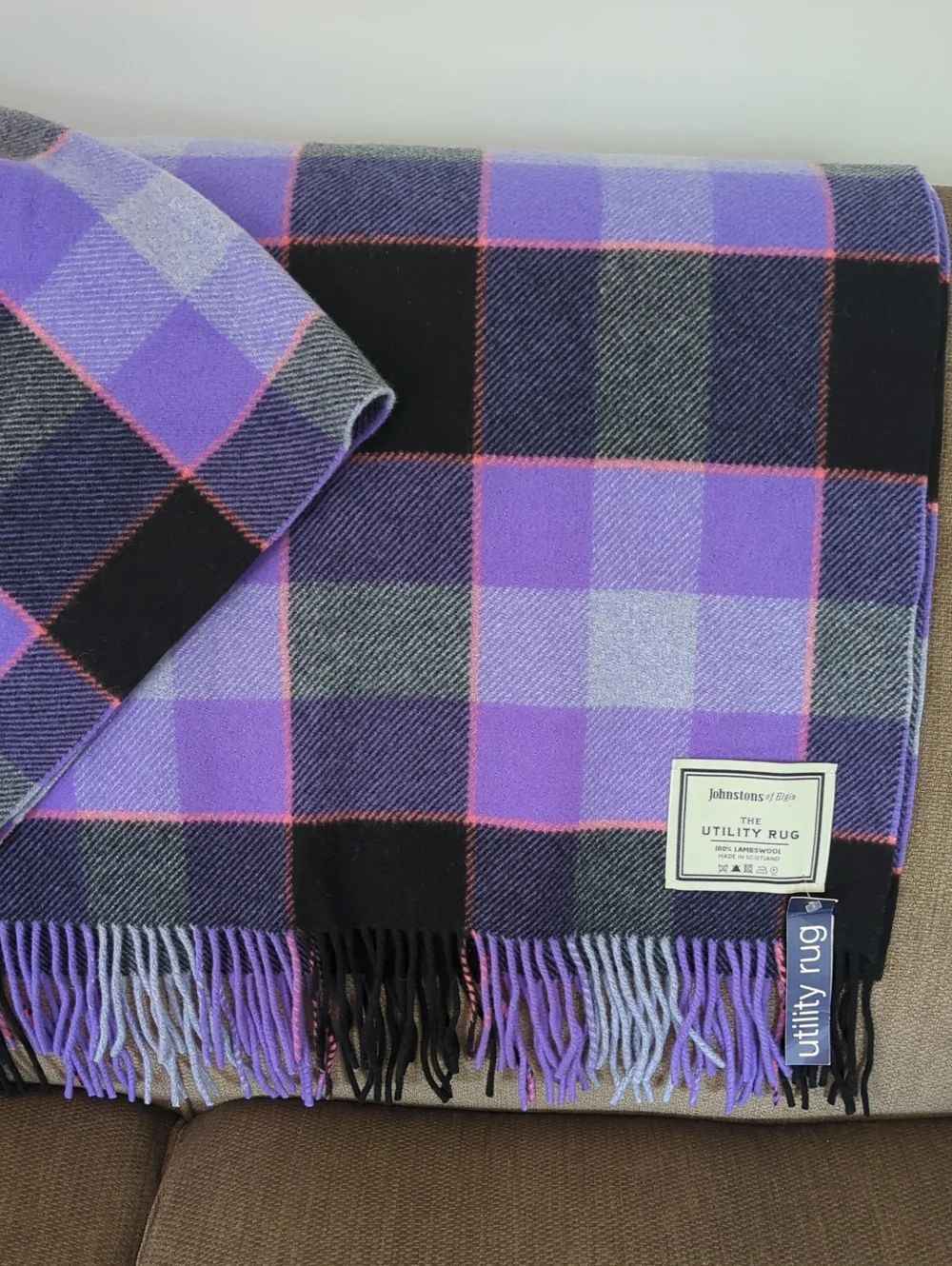 Johnstons Of Elgin The Utility Rug Purple Plaid Scottish Lambswool Blanket Throw